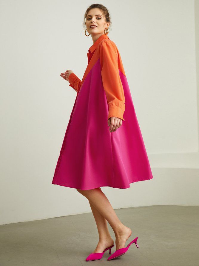 Midi Långärmad Regular Fit Color Block Shirt Collar Dress