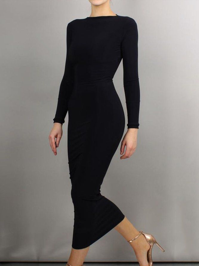 Svart Daglig Långärmad Regular Fit Boat Neck Dress