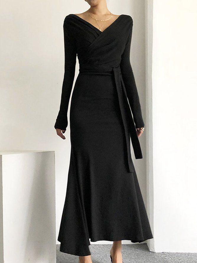 Svart Daily Långärmad Elegant Cross Neck Dress