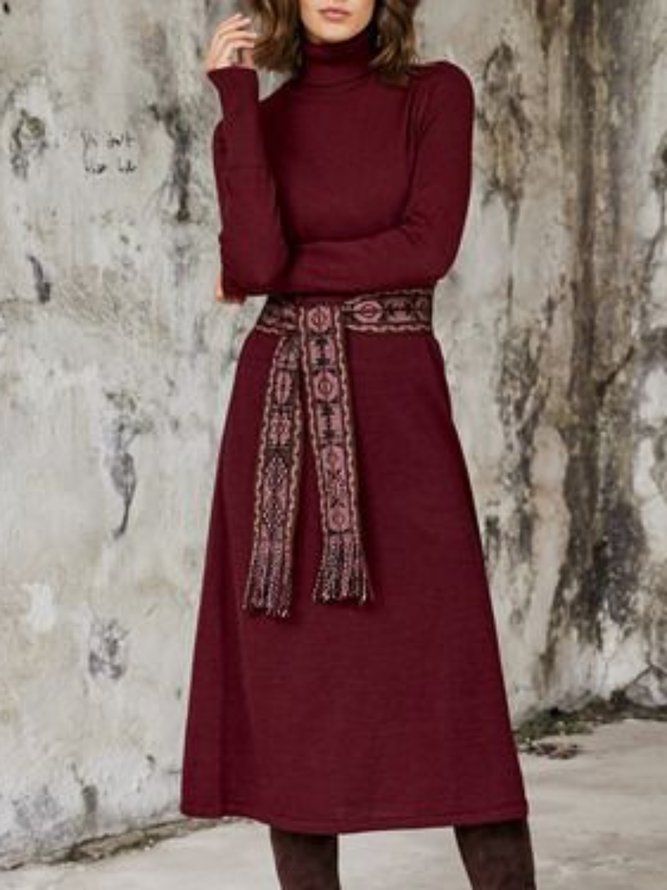 Turtleneck Burgundy A-Line Solid Midi-Klänning (Exklusive Bälte)