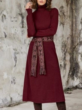 Turtleneck Burgundy A-Line Solid Midi-Klänning (Exklusive Bälte)