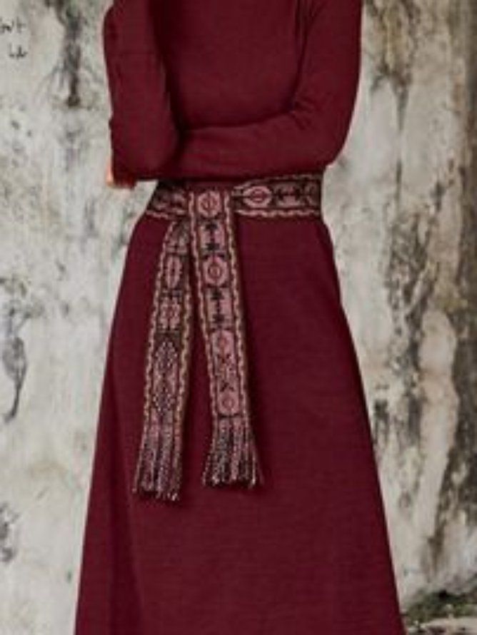 Turtleneck Burgundy A-Line Solid Midi-Klänning (Exklusive Bälte)