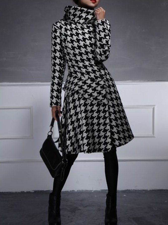 Turtleneck Houndstooth Långärmad Work Midi-Klänning