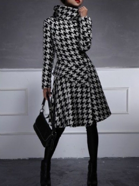 Turtleneck Houndstooth Långärmad Work Midi-Klänning