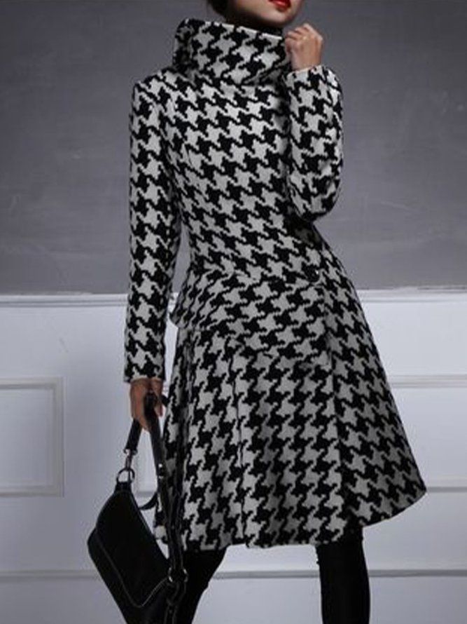 Turtleneck Houndstooth Långärmad Work Midi-Klänning