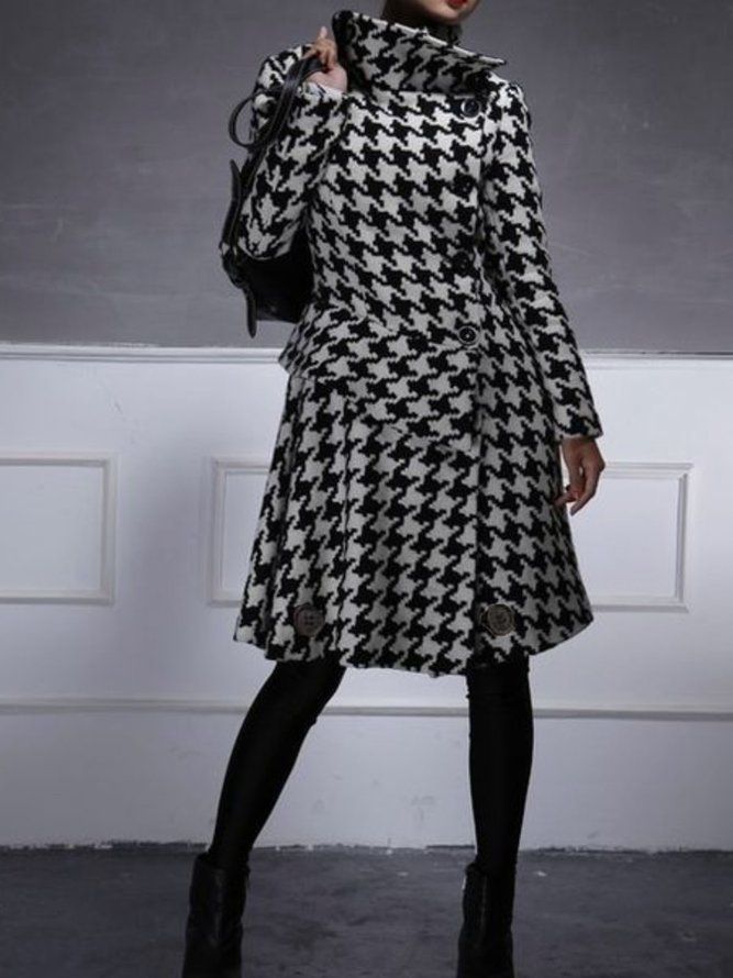 Turtleneck Houndstooth Långärmad Work Midi-Klänning