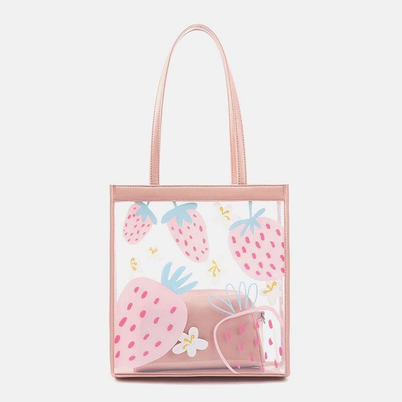 Dam 2St Vattentät Transparent Print Frukt Pvc Multi-Carry Handväska Tote