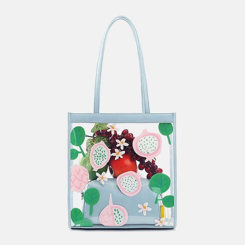 Dam 2St Vattentät Transparent Print Frukt Pvc Multi-Carry Handväska Tote