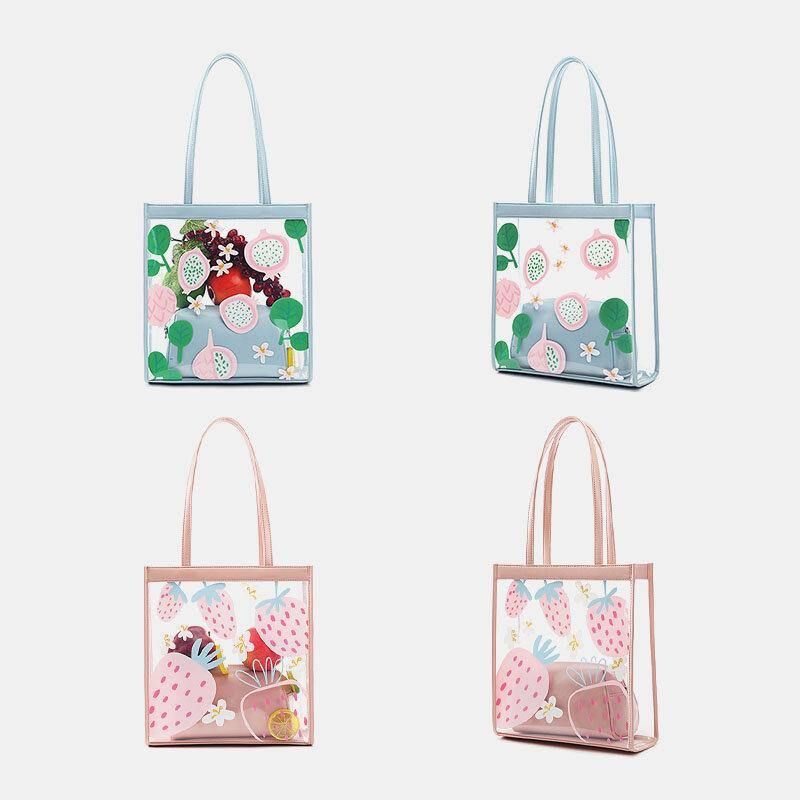 Dam 2St Vattentät Transparent Print Frukt Pvc Multi-Carry Handväska Tote