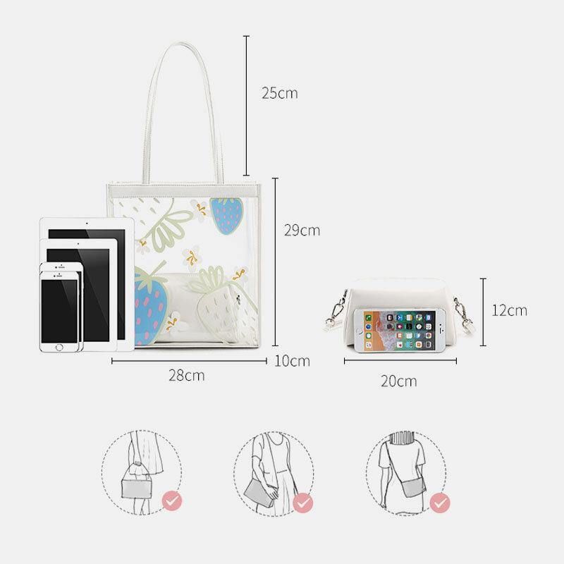 Dam 2St Vattentät Transparent Print Frukt Pvc Multi-Carry Handväska Tote