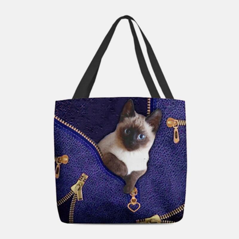 Dam Canvas Söt 3D Tre-Dimensional Cat Pattern Casual Axelväska Handväska Tote