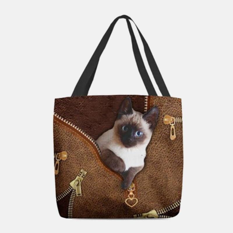 Dam Canvas Söt 3D Tre-Dimensional Cat Pattern Casual Axelväska Handväska Tote