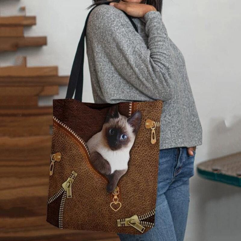 Dam Canvas Söt 3D Tre-Dimensional Cat Pattern Casual Axelväska Handväska Tote