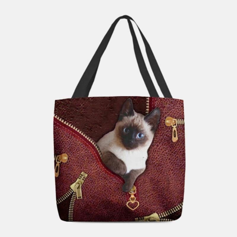 Dam Canvas Söt 3D Tre-Dimensional Cat Pattern Casual Axelväska Handväska Tote