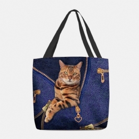 Dam Canvas Söt 3D Tre-Dimensional Vision Cat Pattern Axelväska Handväska Tote