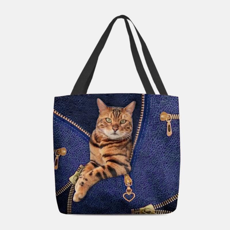 Dam Canvas Söt 3D Tre-Dimensional Vision Cat Pattern Axelväska Handväska Tote