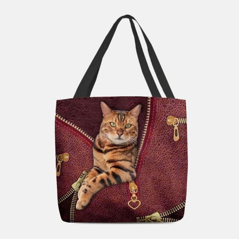 Dam Canvas Söt 3D Tre-Dimensional Vision Cat Pattern Axelväska Handväska Tote