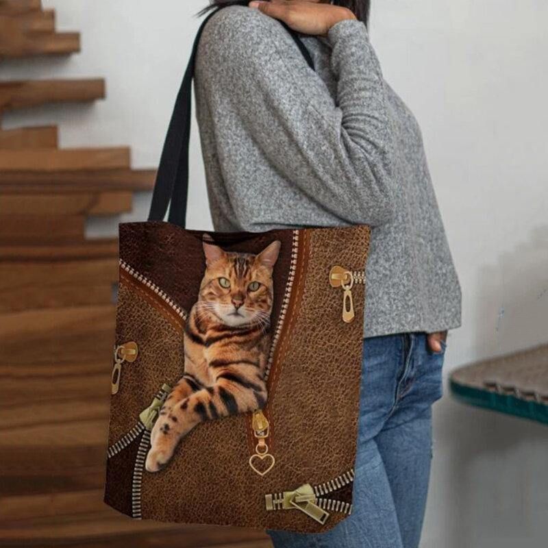 Dam Canvas Söt 3D Tre-Dimensional Vision Cat Pattern Axelväska Handväska Tote