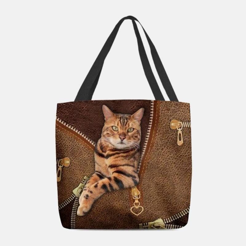 Dam Canvas Söt 3D Tre-Dimensional Vision Cat Pattern Axelväska Handväska Tote