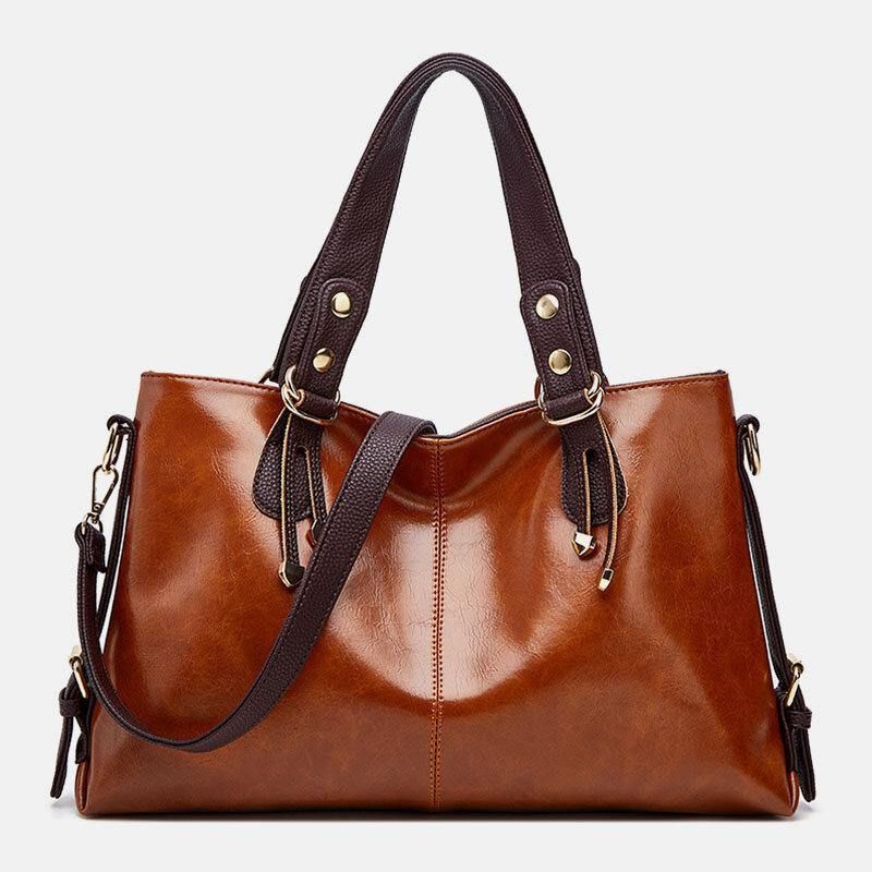 Dam Konstläder Retro Litchi-Mönster Handväska Med Stor Kapacitet Axelväska Crossbody-Väska Tote