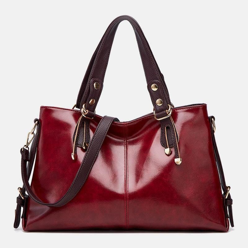 Dam Konstläder Retro Litchi-Mönster Handväska Med Stor Kapacitet Axelväska Crossbody-Väska Tote