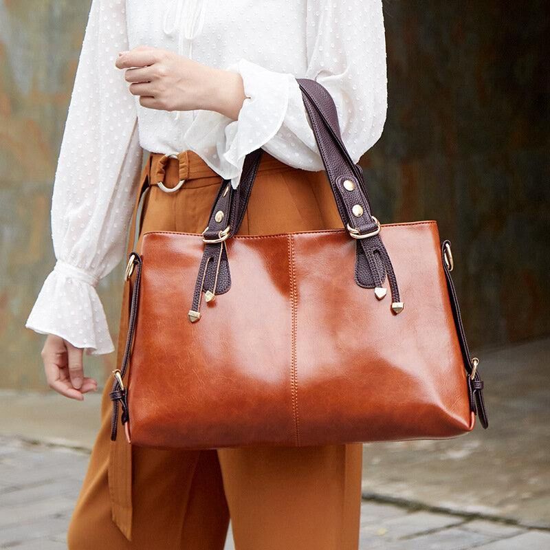 Dam Konstläder Retro Litchi-Mönster Handväska Med Stor Kapacitet Axelväska Crossbody-Väska Tote