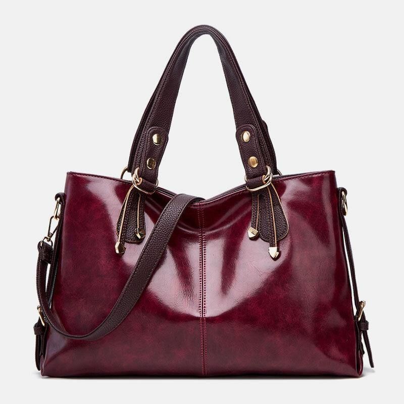 Dam Konstläder Retro Litchi-Mönster Handväska Med Stor Kapacitet Axelväska Crossbody-Väska Tote