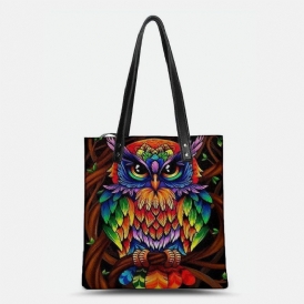 Färg Owl Print Mönster Läder Tygväska Sticker Axelväska Handväska Tote Med Inbyggd Liten Väska