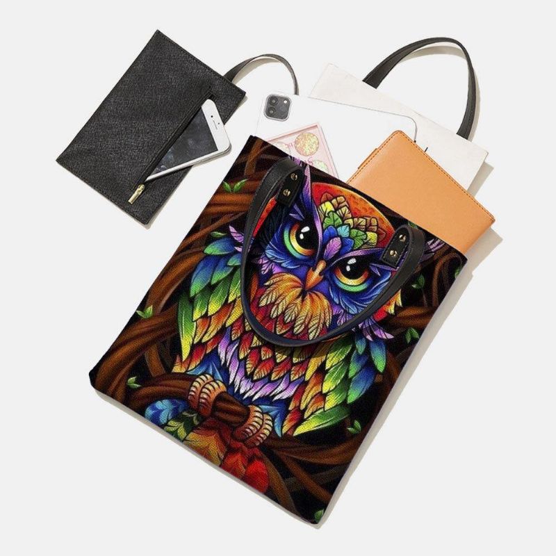 Färg Owl Print Mönster Läder Tygväska Sticker Axelväska Handväska Tote Med Inbyggd Liten Väska