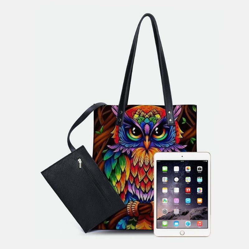 Färg Owl Print Mönster Läder Tygväska Sticker Axelväska Handväska Tote Med Inbyggd Liten Väska