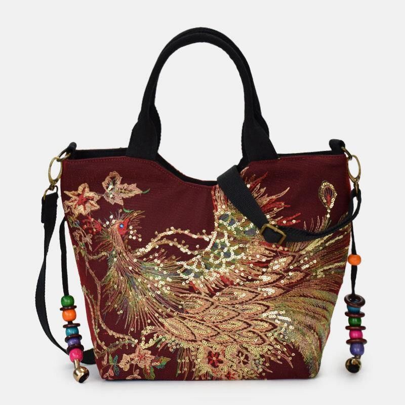 Kvinnor Canvas Broderi Peacock Mönster Etnisk Stil Multi-Carry Handväska Crossbody Bag Axelväska