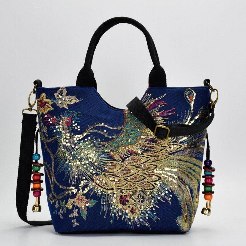 Kvinnor Canvas Broderi Peacock Mönster Etnisk Stil Multi-Carry Handväska Crossbody Bag Axelväska