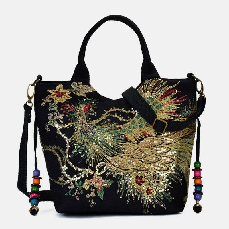 Kvinnor Canvas Broderi Peacock Mönster Etnisk Stil Multi-Carry Handväska Crossbody Bag Axelväska