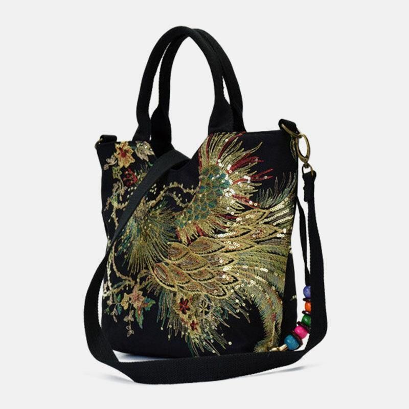 Kvinnor Canvas Broderi Peacock Mönster Etnisk Stil Multi-Carry Handväska Crossbody Bag Axelväska