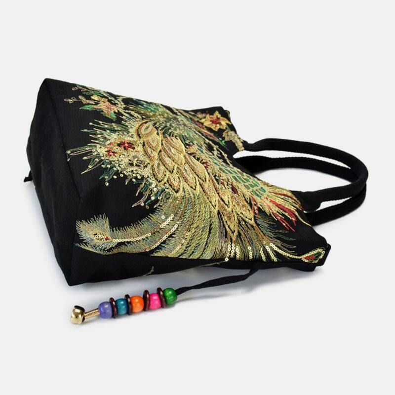 Kvinnor Canvas Broderi Peacock Mönster Etnisk Stil Multi-Carry Handväska Crossbody Bag Axelväska