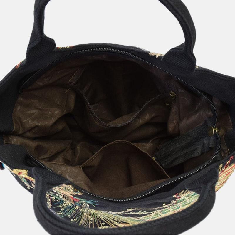 Kvinnor Canvas Broderi Peacock Mönster Etnisk Stil Multi-Carry Handväska Crossbody Bag Axelväska