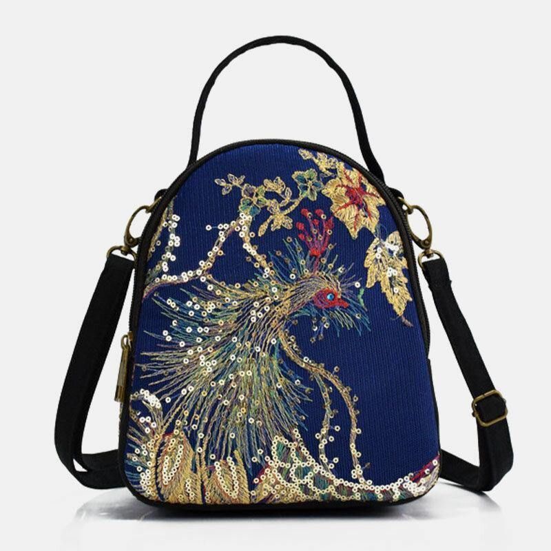 Kvinnor Canvas Etnisk Stil Broderi Påfågelmönster Paljett Mini Multi-Carry Handväska Crossbody-Väska