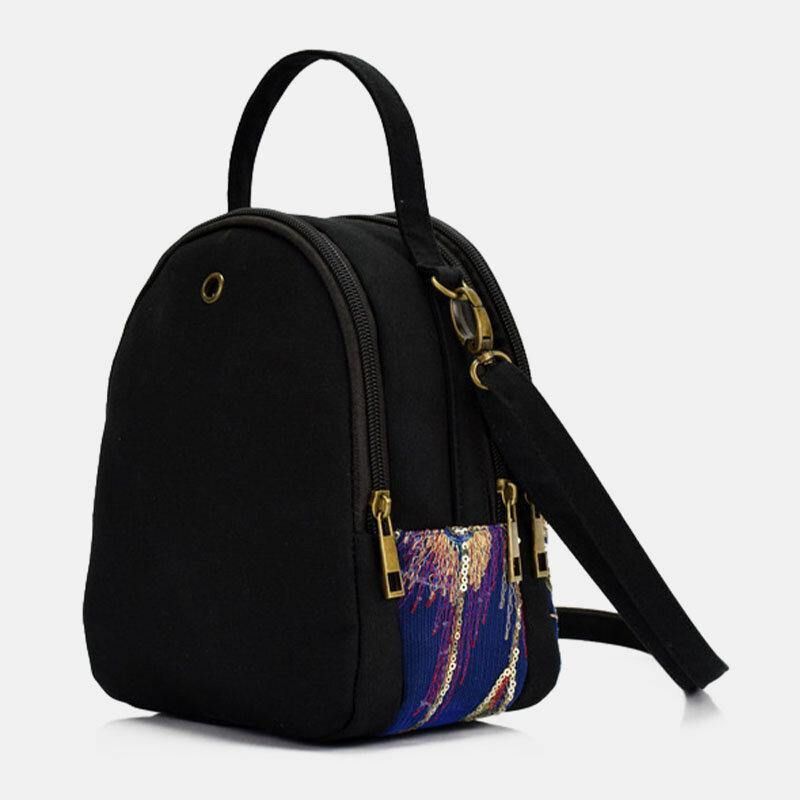 Kvinnor Canvas Etnisk Stil Broderi Påfågelmönster Paljett Mini Multi-Carry Handväska Crossbody-Väska