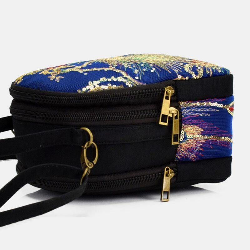 Kvinnor Canvas Etnisk Stil Broderi Påfågelmönster Paljett Mini Multi-Carry Handväska Crossbody-Väska