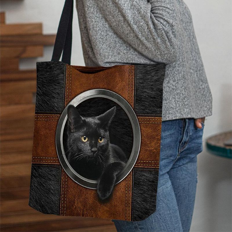 Kvinnor Canvas Söt Cartoon Black Cat Print Handväska Tote Axelväska