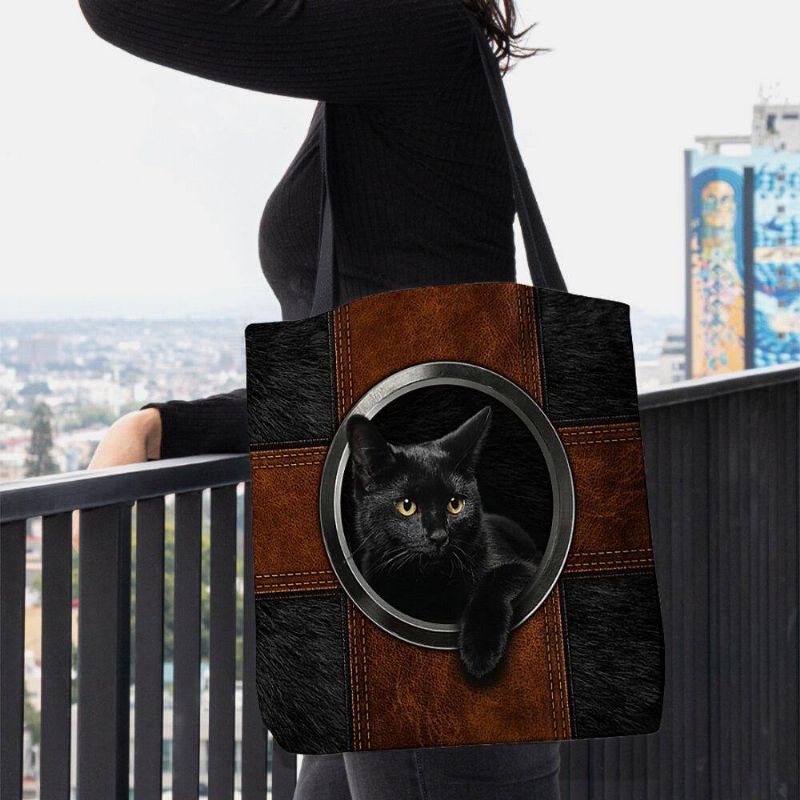 Kvinnor Canvas Söt Cartoon Black Cat Print Handväska Tote Axelväska