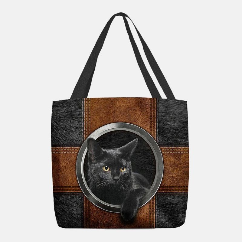 Kvinnor Canvas Söt Cartoon Black Cat Print Handväska Tote Axelväska