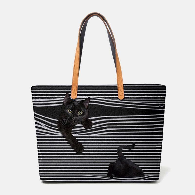 Kvinnor Canvas Stor Kapacitet Stripe Tredimensionell Herr Cartoon Cute Cat Handväska Axelväska Tote