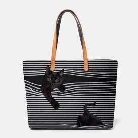 Kvinnor Canvas Stor Kapacitet Stripe Tredimensionell Herr Cartoon Cute Cat Handväska Axelväska Tote