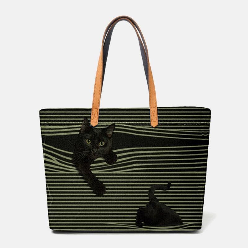 Kvinnor Canvas Stor Kapacitet Stripe Tredimensionell Herr Cartoon Cute Cat Handväska Axelväska Tote