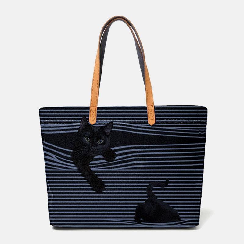 Kvinnor Canvas Stor Kapacitet Stripe Tredimensionell Herr Cartoon Cute Cat Handväska Axelväska Tote