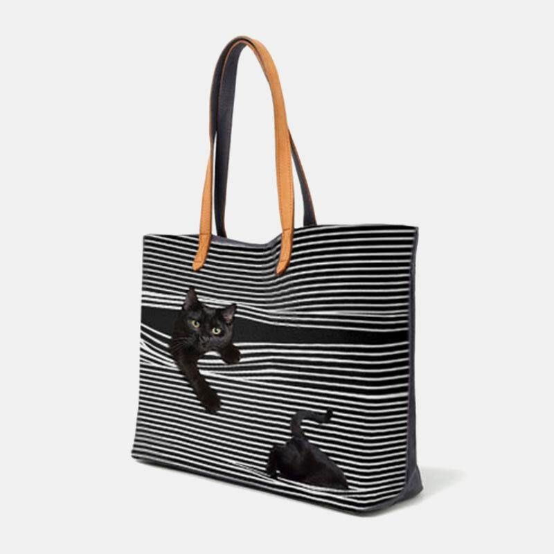 Kvinnor Canvas Stor Kapacitet Stripe Tredimensionell Herr Cartoon Cute Cat Handväska Axelväska Tote