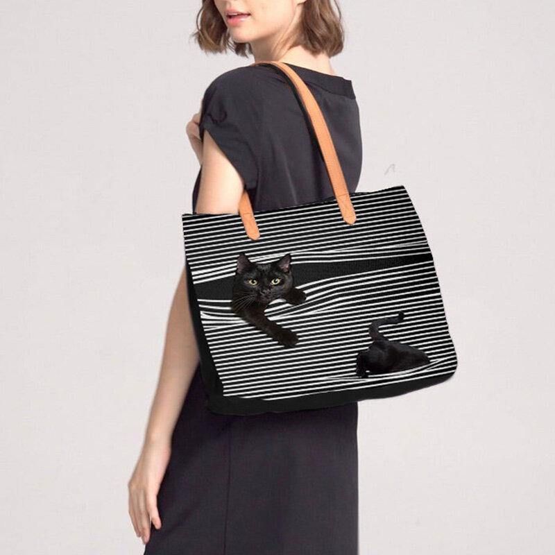 Kvinnor Canvas Stor Kapacitet Stripe Tredimensionell Herr Cartoon Cute Cat Handväska Axelväska Tote