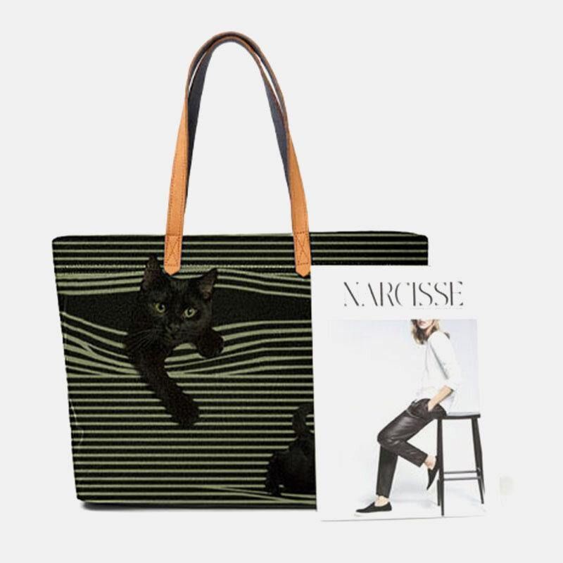 Kvinnor Canvas Stor Kapacitet Stripe Tredimensionell Herr Cartoon Cute Cat Handväska Axelväska Tote