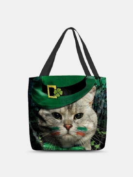 Kvinnor Clover Cat Mönster Print Happy St Patrick Day Axelväska Handväska Tote